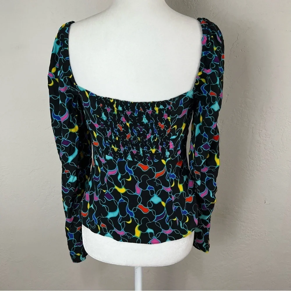 Staud Josephine Black Printed Multicolor Crepe Long Sleeve Sweetheart Top Size 2